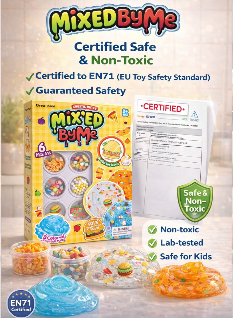 GreaTeam Mixed By Me Crystal Putty Hamburger Edition – 6 Mix-Ins DIY Slime Making Kit for Kids – 3 Colored Crystal Putty in Pot 88–90G – Clear Blue Orange Stretchy Squishy Transparent Slime with Food-Themed Accessories – Mix Your Own Putty – Sensory Fidget Toy for Boys & Girls – EN71 Certified Non-Toxic Safe Educational Creative Toy for Age 3+ - Image 4